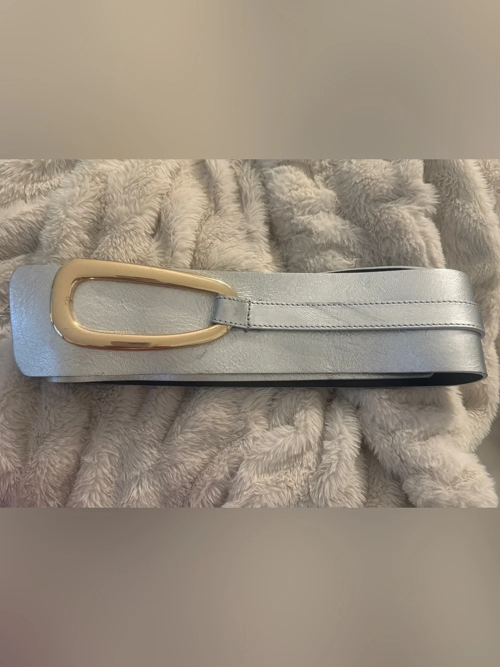 Zara Metallic Silver Wide Waist Belt with Gold-Tone Loop Buckle